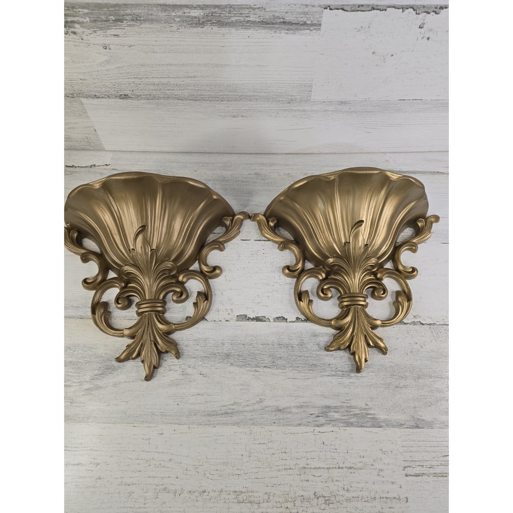Vintage 1962 Dart Industries Gold Fleur De Lis Wall Pocket Planters Pair 4446